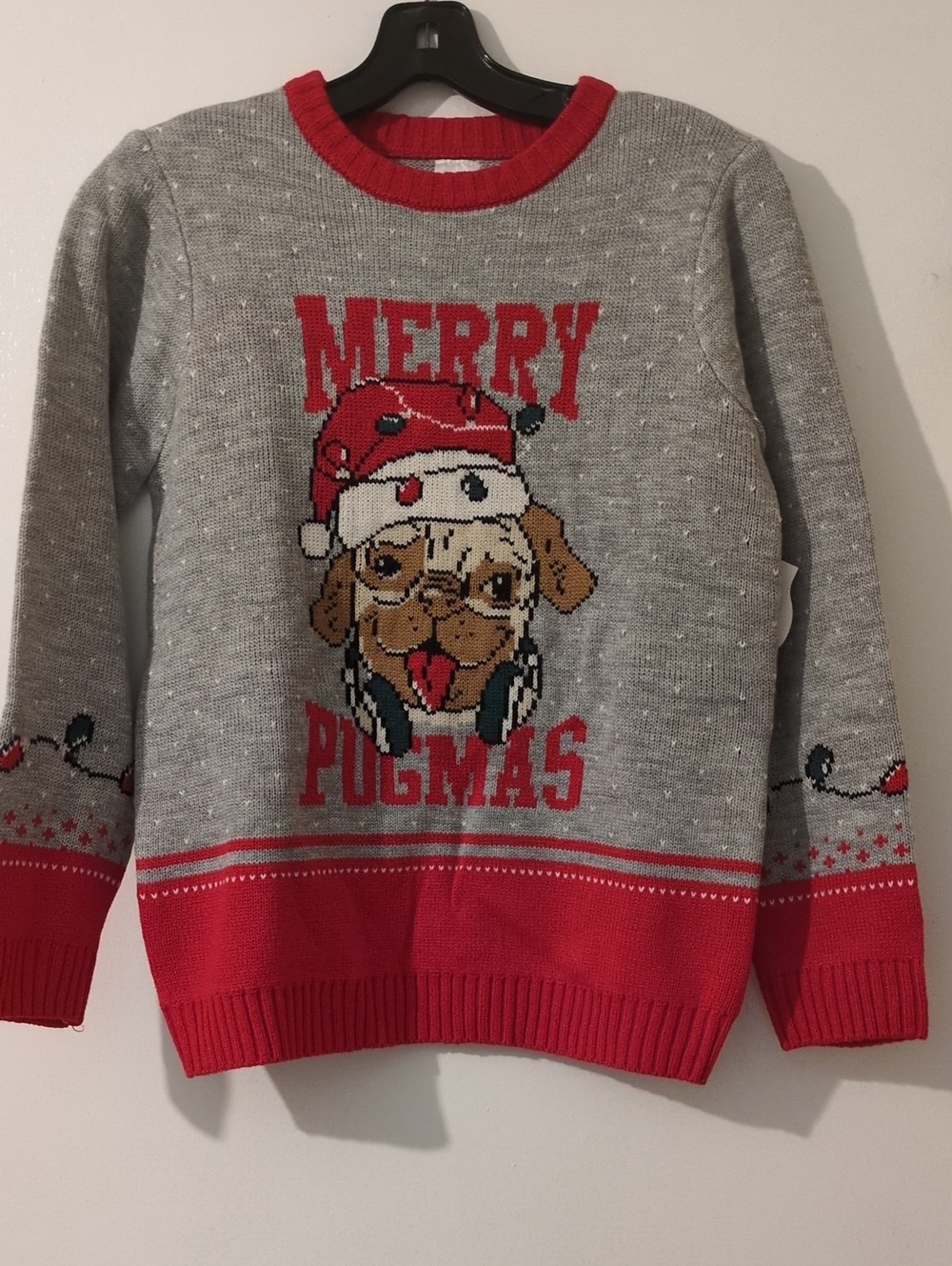Holiday Time Gray & Red "Merry Pugmas" Kids Christmas Sweater L (10-12)